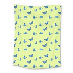 Blue Butterflies At Lemon Yellow, Nature Themed Pattern Medium Tapestry by Casemiro