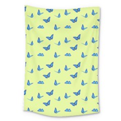 Blue Butterflies At Lemon Yellow, Nature Themed Pattern Large Tapestry by Casemiro