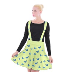 Blue Butterflies At Lemon Yellow, Nature Themed Pattern Suspender Skater Skirt by Casemiro