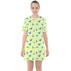 Blue butterflies at lemon yellow, nature themed pattern Sixties Short Sleeve Mini Dress