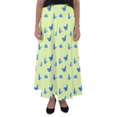 Blue Butterflies At Lemon Yellow, Nature Themed Pattern Flared Maxi Skirt by Casemiro