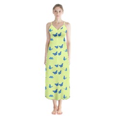 Blue butterflies at lemon yellow, nature themed pattern Button Up Chiffon Maxi Dress