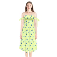 Blue butterflies at lemon yellow, nature themed pattern Shoulder Tie Bardot Midi Dress