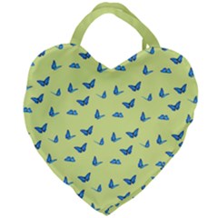 Blue butterflies at lemon yellow, nature themed pattern Giant Heart Shaped Tote