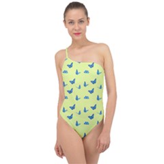 Blue butterflies at lemon yellow, nature themed pattern Classic One Shoulder Swimsuit