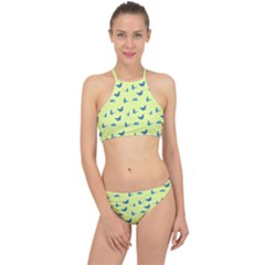 Blue butterflies at lemon yellow, nature themed pattern Racer Front Bikini Set