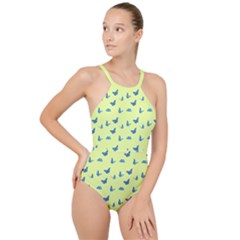 Blue butterflies at lemon yellow, nature themed pattern High Neck One Piece Swimsuit