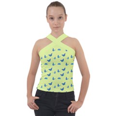 Blue Butterflies At Lemon Yellow, Nature Themed Pattern Cross Neck Velour Top by Casemiro