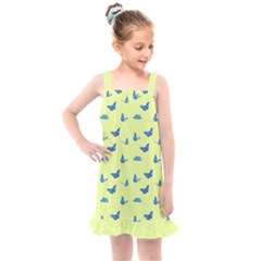 Blue butterflies at lemon yellow, nature themed pattern Kids  Overall Dress