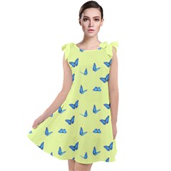 Blue butterflies at lemon yellow, nature themed pattern Tie Up Tunic Dress