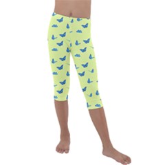 Blue Butterflies At Lemon Yellow, Nature Themed Pattern Kids  Lightweight Velour Capri Leggings 