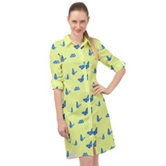 Blue butterflies at lemon yellow, nature themed pattern Long Sleeve Mini Shirt Dress