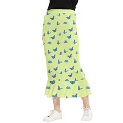 Blue butterflies at lemon yellow, nature themed pattern Maxi Fishtail Chiffon Skirt