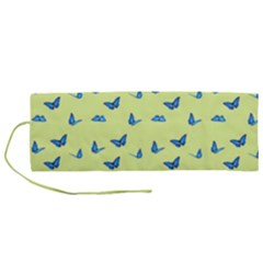 Blue butterflies at lemon yellow, nature themed pattern Roll Up Canvas Pencil Holder (M)