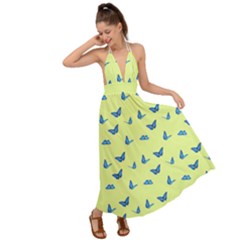 Blue butterflies at lemon yellow, nature themed pattern Backless Maxi Beach Dress