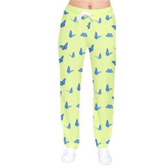 Blue butterflies at lemon yellow, nature themed pattern Women velvet Drawstring Pants