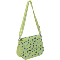 Blue Butterflies At Lemon Yellow, Nature Themed Pattern Saddle Handbag by Casemiro