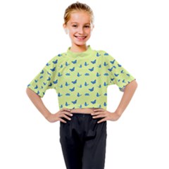 Blue butterflies at lemon yellow, nature themed pattern Kids Mock Neck Tee