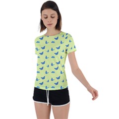 Blue butterflies at lemon yellow, nature themed pattern Back Circle Cutout Sports Tee