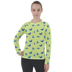 Blue butterflies at lemon yellow, nature themed pattern Women s Pique Long Sleeve Tee