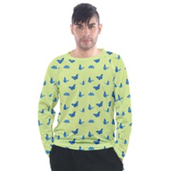 Blue butterflies at lemon yellow, nature themed pattern Men s Long Sleeve Raglan Tee