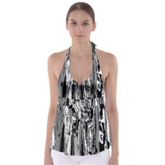 Black And White Abstract Linear Print Babydoll Tankini Top by dflcprintsclothing