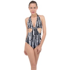 Black And White Abstract Linear Print Halter Front Plunge Swimsuit by dflcprintsclothing