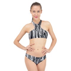 Black And White Abstract Linear Print High Neck Bikini Set by dflcprintsclothing