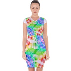 Tie Die Look Rainbow Pattern Capsleeve Drawstring Dress  by myblueskye777
