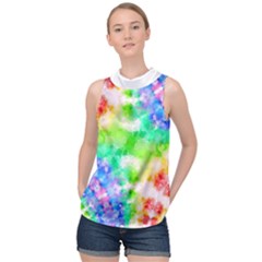 Tie Die Look Rainbow Pattern High Neck Satin Top by myblueskye777