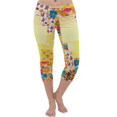 Yellow Floral Aesthetic Capri Yoga Leggings by designsbymallika