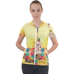 Yellow Floral Aesthetic Short Sleeve Zip Up Jacket by designsbymallika