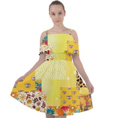 Yellow Floral Aesthetic Cut Out Shoulders Chiffon Dress by designsbymallika
