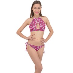 Pink Tiles Cross Front Halter Bikini Set by designsbymallika