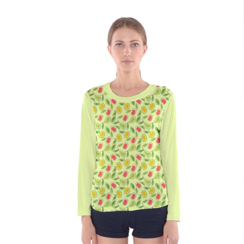 Vector Fruits Pattern, Pastel Colors, Yellow Background Women s Long Sleeve Tee by Casemiro