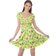 Vector Fruits Pattern, Pastel Colors, Yellow Background Cap Sleeve Dress by Casemiro