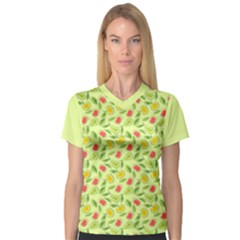 Vector Fruits pattern, pastel colors, yellow background V-Neck Sport Mesh Tee