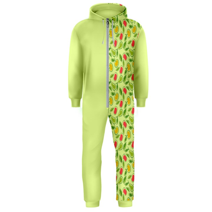 Vector Fruits pattern, pastel colors, yellow background Hooded Jumpsuit (Men) 