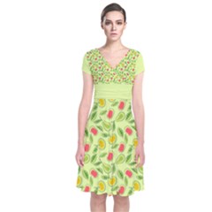 Vector Fruits pattern, pastel colors, yellow background Short Sleeve Front Wrap Dress