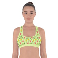 Vector Fruits pattern, pastel colors, yellow background Cross Back Sports Bra