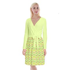 Vector Fruits pattern, pastel colors, yellow background Long Sleeve Velvet Front Wrap Dress