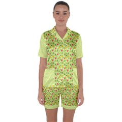 Vector Fruits pattern, pastel colors, yellow background Satin Short Sleeve Pajamas Set