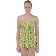 Vector Fruits pattern, pastel colors, yellow background Babydoll Tankini Set