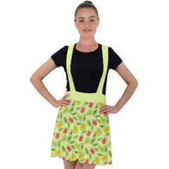 Vector Fruits Pattern, Pastel Colors, Yellow Background Velvet Suspender Skater Skirt by Casemiro