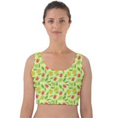 Vector Fruits Pattern, Pastel Colors, Yellow Background Velvet Crop Top by Casemiro