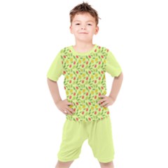 Vector Fruits pattern, pastel colors, yellow background Kids  Tee and Shorts Set