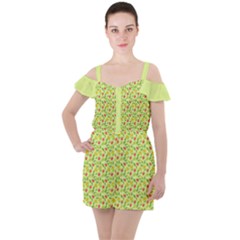 Vector Fruits pattern, pastel colors, yellow background Ruffle Cut Out Chiffon Playsuit