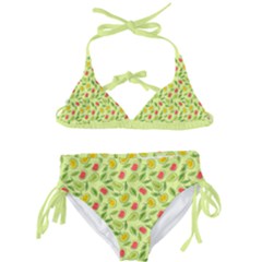 Vector Fruits pattern, pastel colors, yellow background Kids  Classic Bikini Set