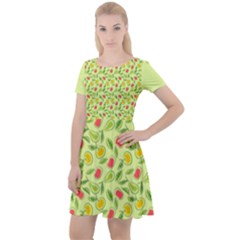 Vector Fruits Pattern, Pastel Colors, Yellow Background Cap Sleeve Velour Dress  by Casemiro