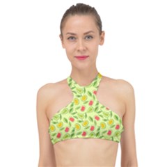 Vector Fruits pattern, pastel colors, yellow background High Neck Bikini Top